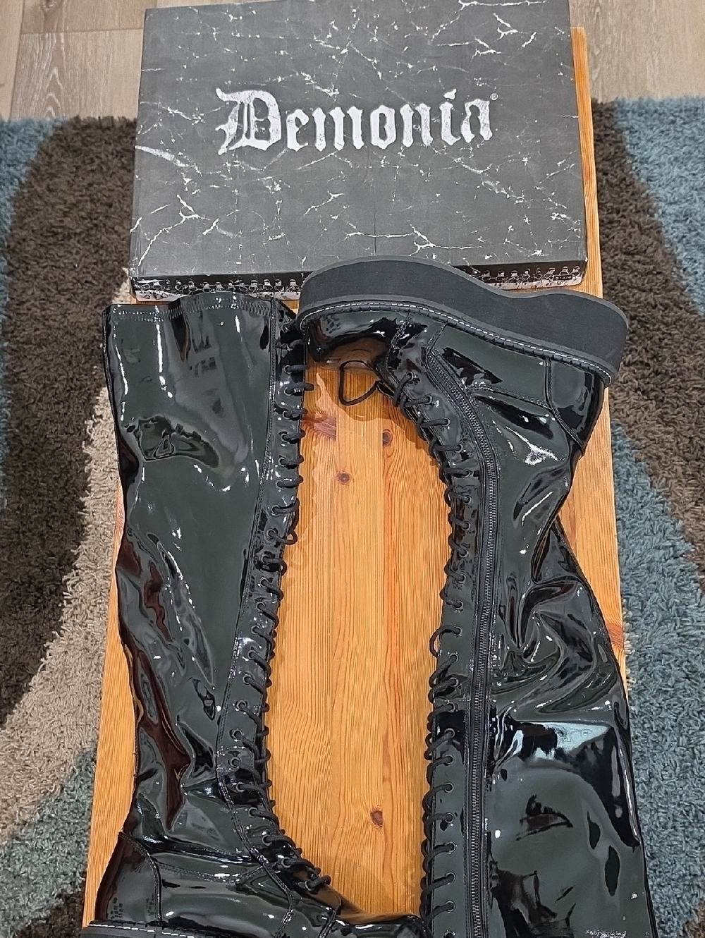 Demonia Glossy Black Patent Knee-High Platform Boots